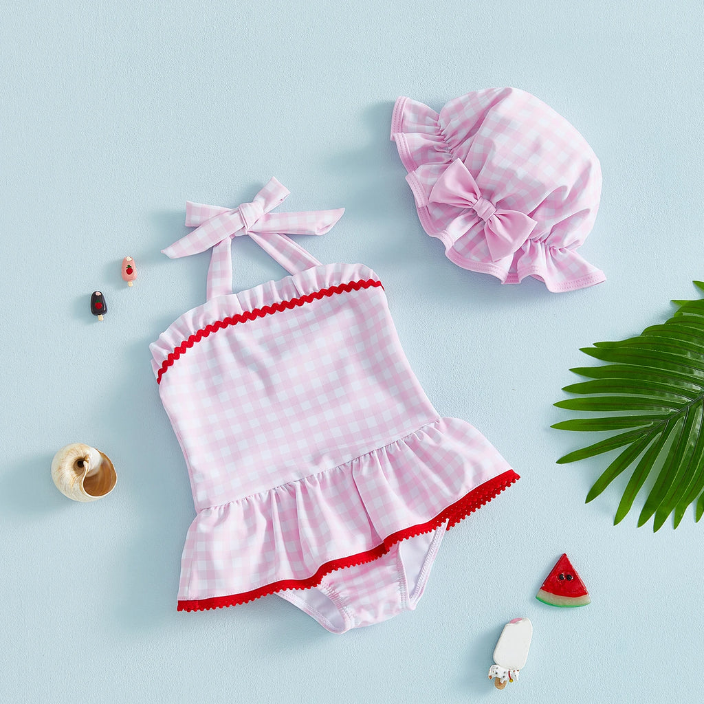 Maiô Infantil Xadrez Rosa com Babados e Chapéu