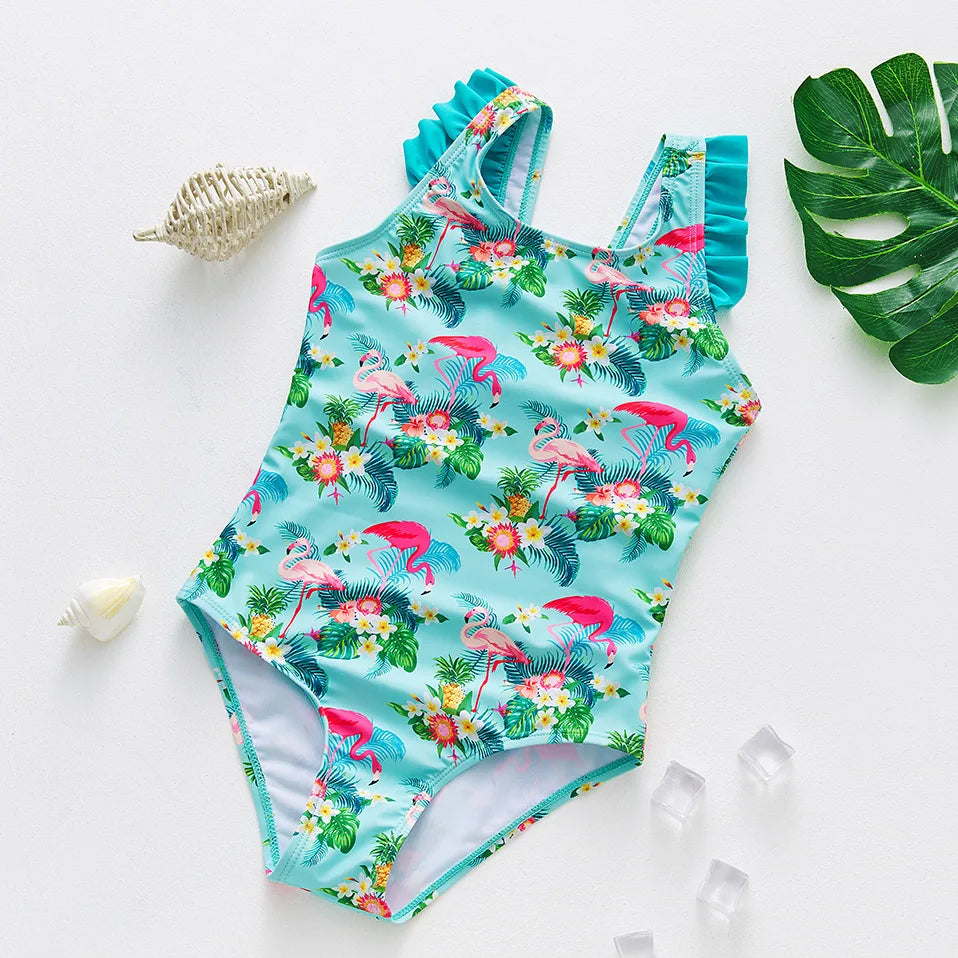 Maiô Infantil Azul Estampa de Flamingo