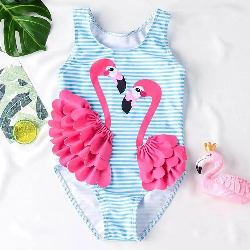 Maiô Infantil Flamingo Azul com Babados