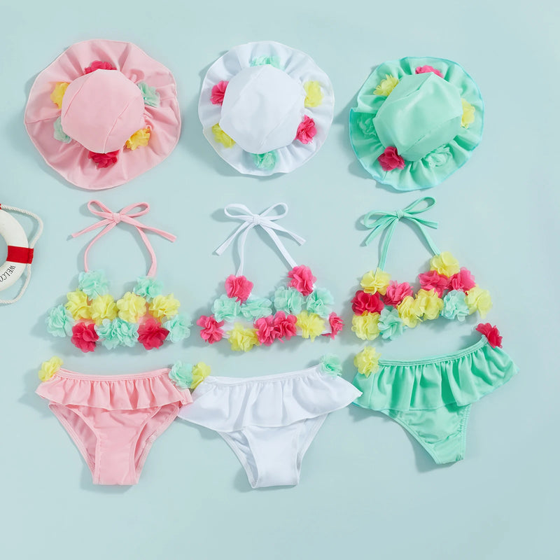 Biquíni Infantil Floral com Babados e Chapéu de Sol