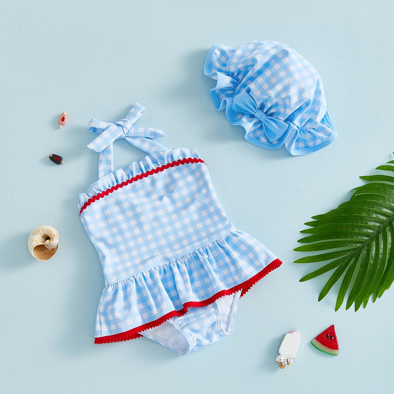 Maiô Infantil Xadrez Azul com Babados e Chapéu